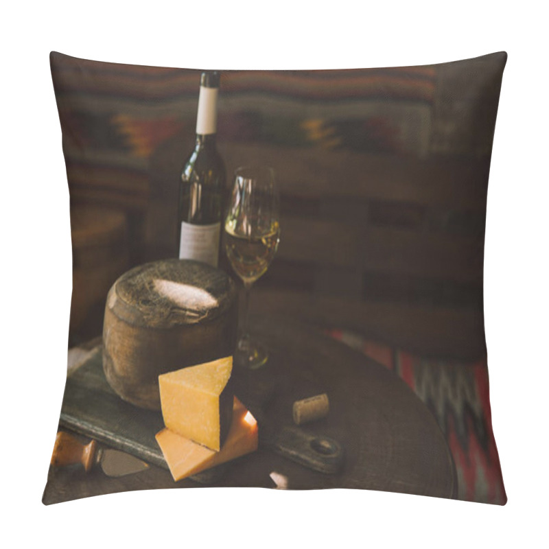 Personality  Delicious Cheese With White Wine On Rustic Wooden Table Pillow Covers