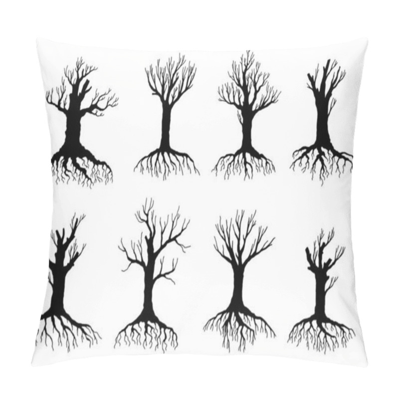 Personality  Dead And Withered Tree Vector Silhouettes Of Environment And Ecology Design. Old Dry Crooked Tree Isolated Objects, Black Bare Branches, Trunks, Roots And Leafless Crowns Of Forest Plants Pillow Covers