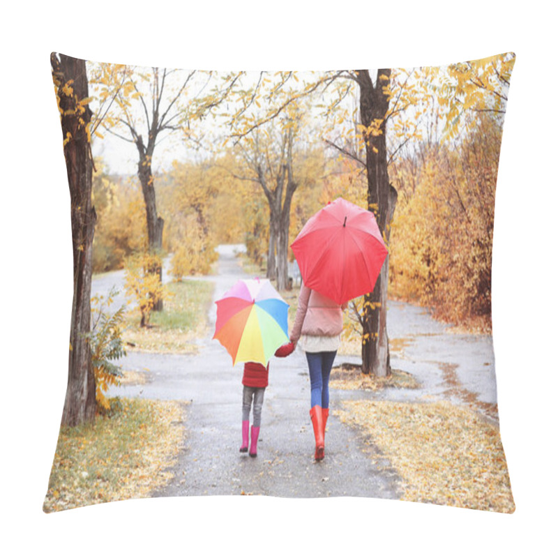 Personality  Mother And Daughter With Umbrellas Taking Walk In Autumn Park On Rainy Day Pillow Covers