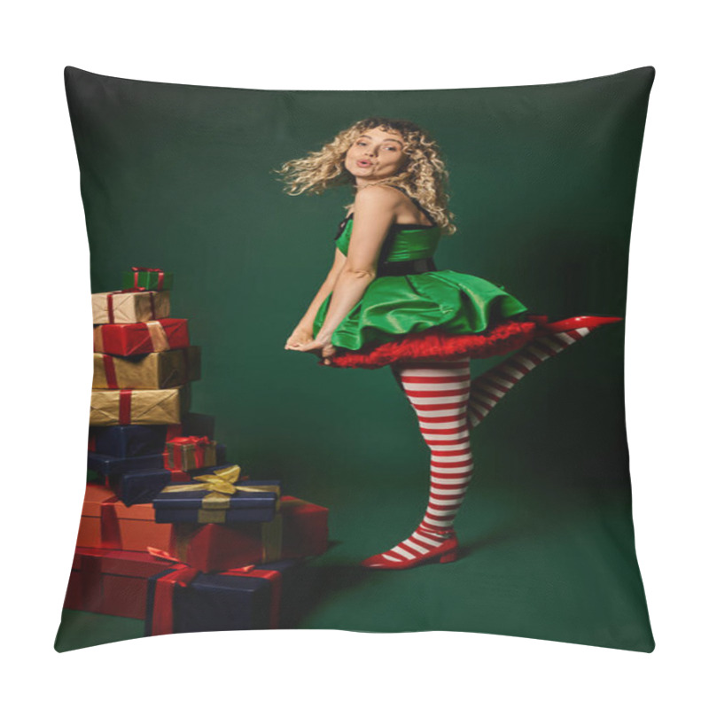 Personality  Cheerful Curly New Year Elf Standing On One Leg In Green Festive Dress Next To Pile Of Presents Pillow Covers