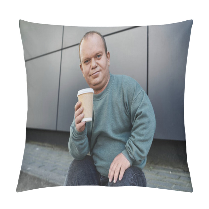 Personality  A Man With Inclusivity Sits On A Curb, Holding A Coffee Cup And Smiling For The Camera. Pillow Covers