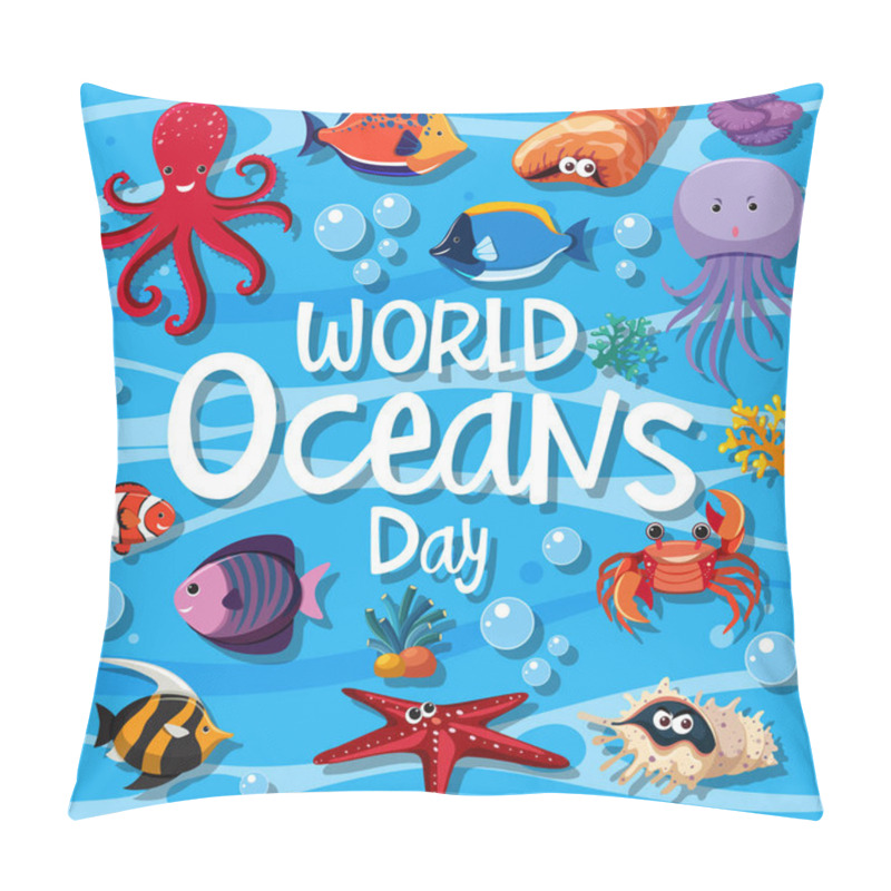 Personality  World Oceans Day Logo Or Banner With Different Sea Animals Illustration Pillow Covers