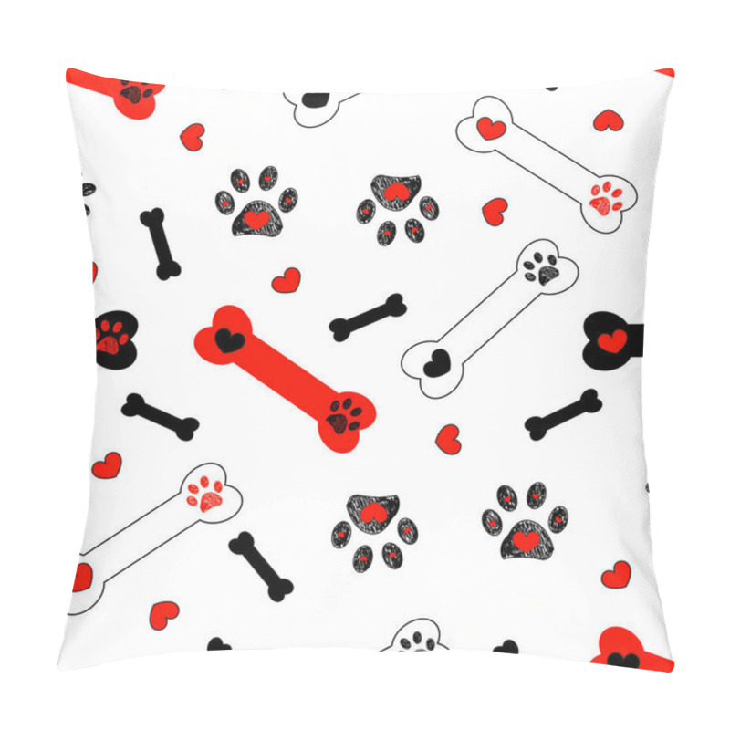 Personality  Black Paw Prints, Bone With Red Heart Vector Seamless Pattern For Fabric Design Background Pillow Covers