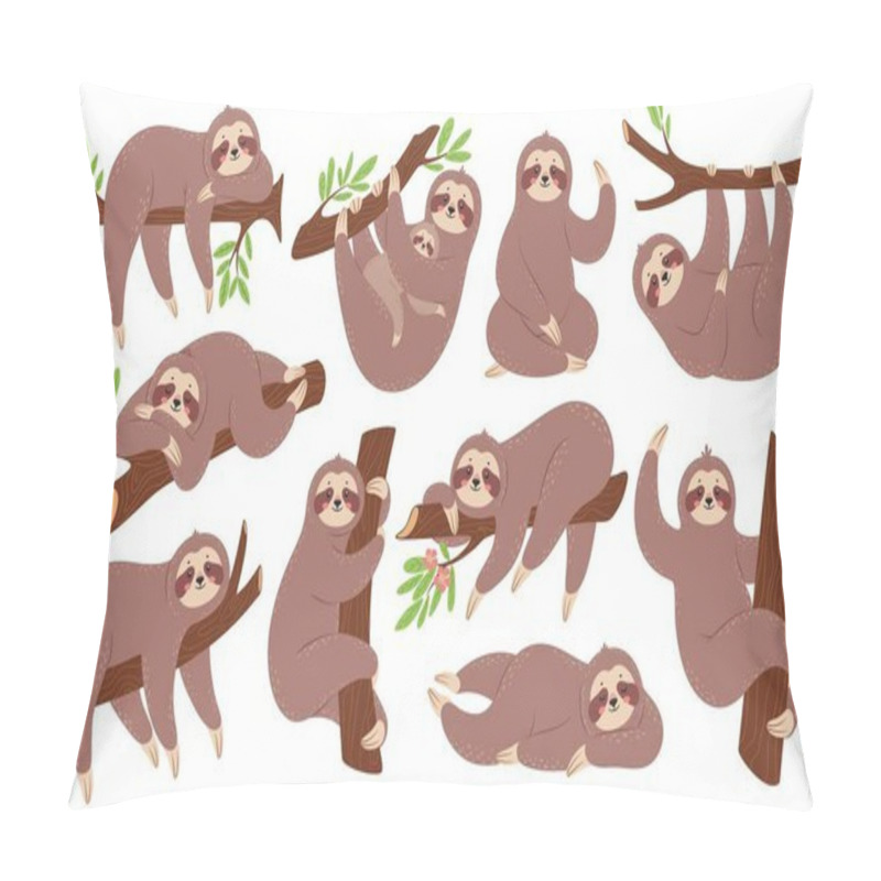 Personality  Sloth. Funny Sloths Hanging On Branch, Climbing Tree, Sleeping. Cute Baby Animal With Mother. Lazy Sleepy Animals In Various Poses Vector Set Pillow Covers