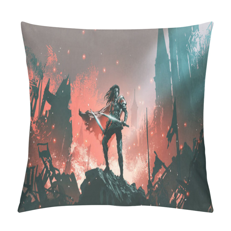 Personality  Knight With Twin Swords Standing On The Rubble Of A Burnt City, Digital Art Style, Illustration Painting Pillow Covers