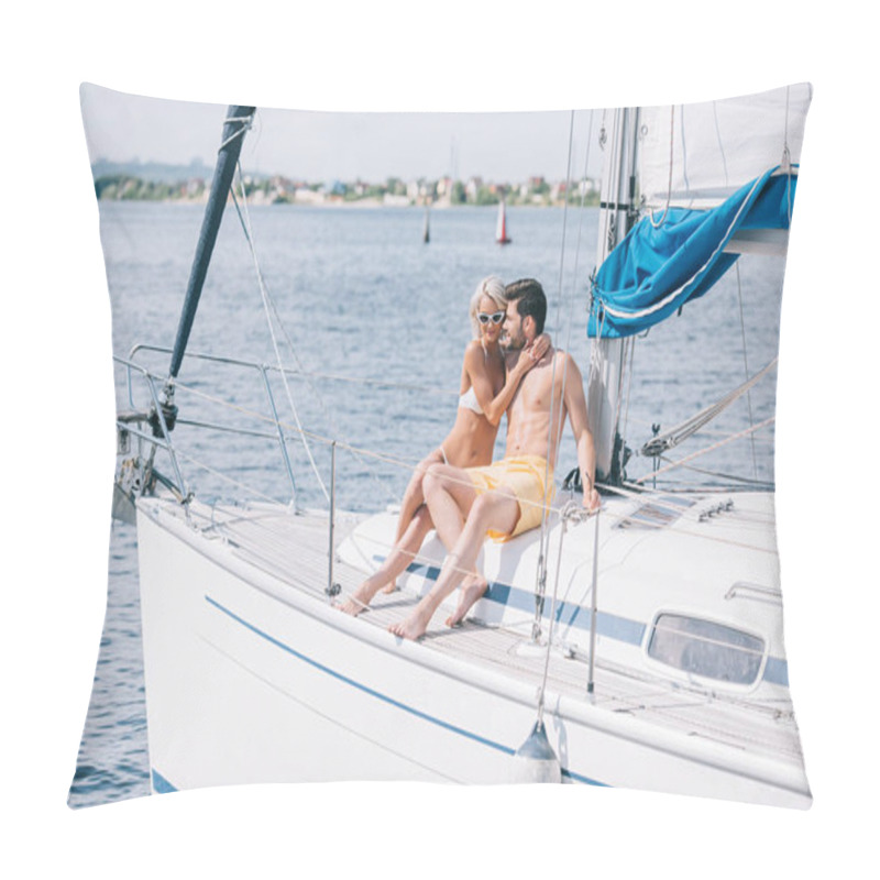 Personality  Happy Young Couple In Swimwear And Sunglasses Hugging While Sitting Together On Yacht Pillow Covers