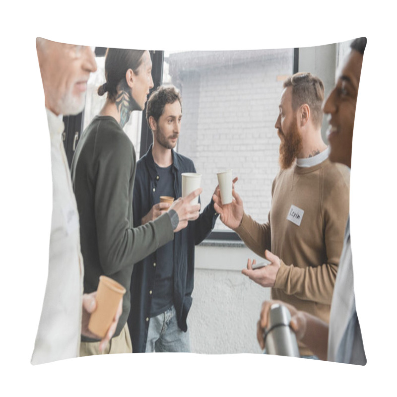 Personality  Interracial People With Alcohol Addiction Talking And Holding Paper Cups In Recovery Center  Pillow Covers