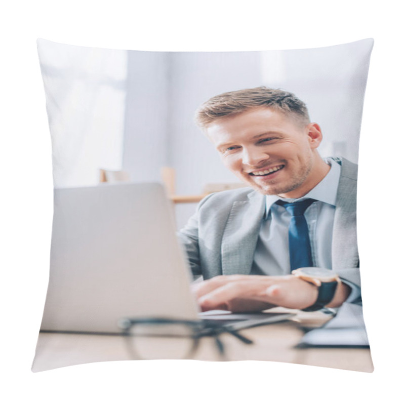 Personality  Cheerful Businessman Using Laptop On Blurred Foreground In Office  Pillow Covers