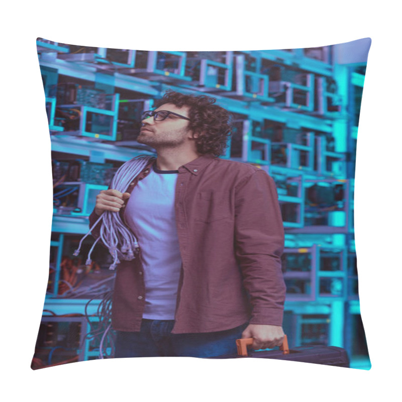 Personality  Young Computer Engineer With Wires On Shoulder At Ethereum Mining Farm Pillow Covers