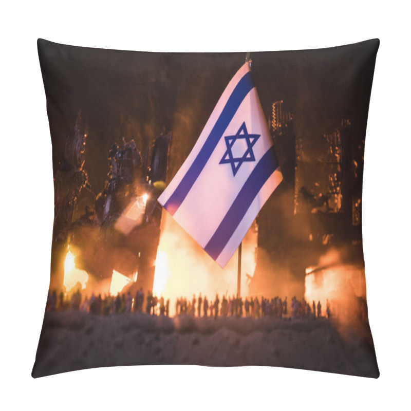 Personality  Conflict Between Israel And Palestine Concept. Burning And Destroyed City By War. Concept Of Crisis Of War Creative Decoration. Selective Focus Pillow Covers