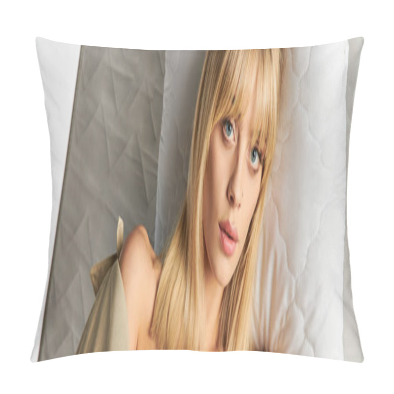 Personality  A Blonde Woman In Comfy Attire Peacefully Lies On A Bed. Pillow Covers