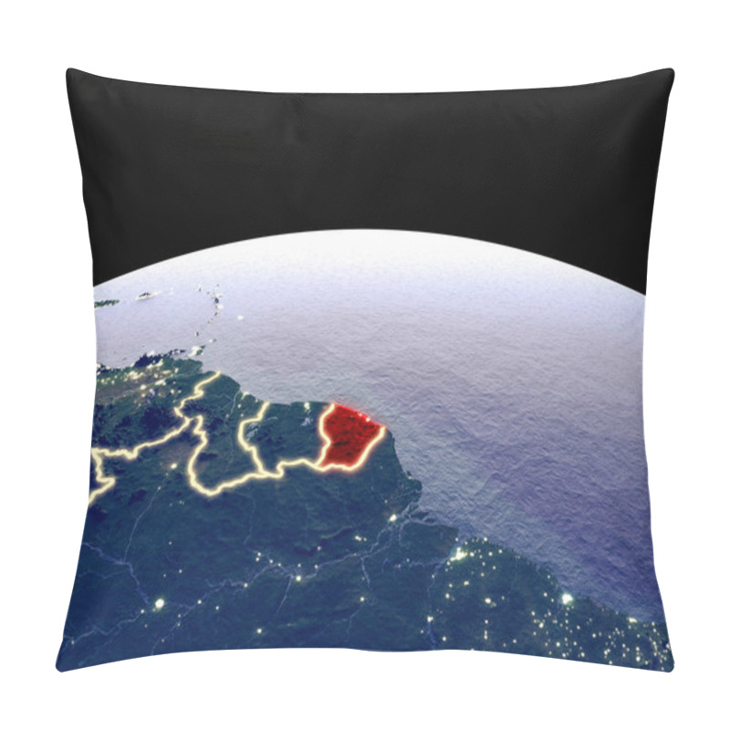 Personality  French Guiana From Space On Planet Earth At Night With Bright City Lights. Detailed Plastic Planet Surface With Real Mountains. 3D Illustration. Elements Of This Image Furnished By NASA. Pillow Covers