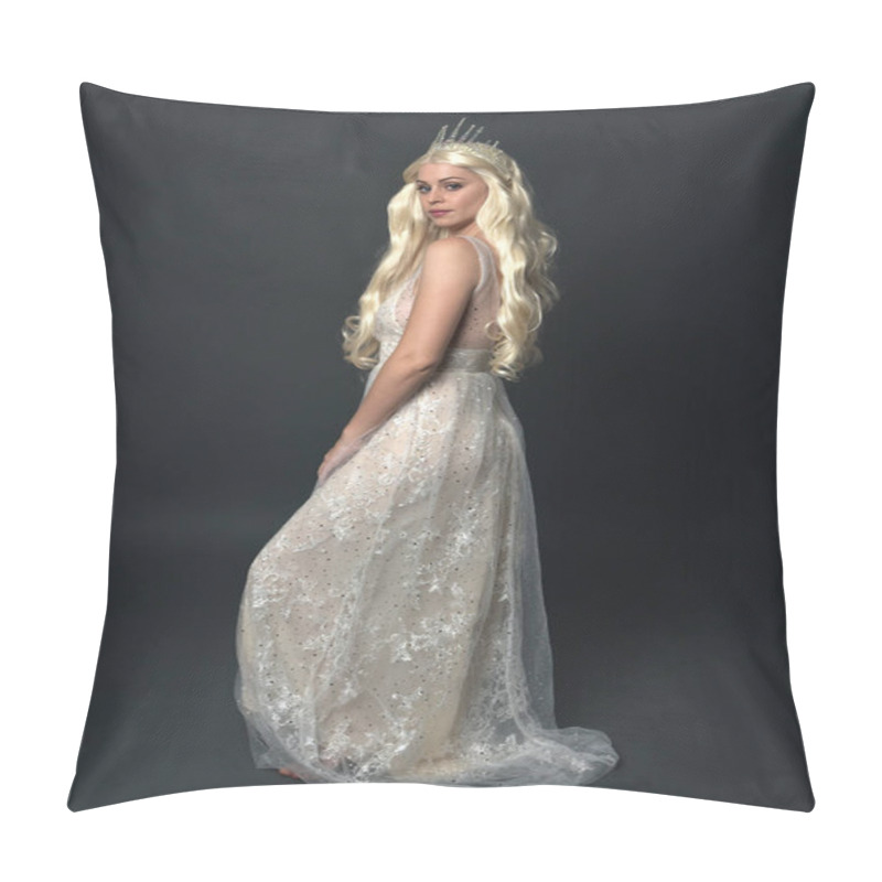 Personality  Full Length Portrait Of Beautiful Women With Long Blonde Hair, Wearing Fantasy  Princess Crown And Elegant White Ball Gown, Standing Pose With Hand Gesture. Isolated On Dark Grey Studio Background. Pillow Covers