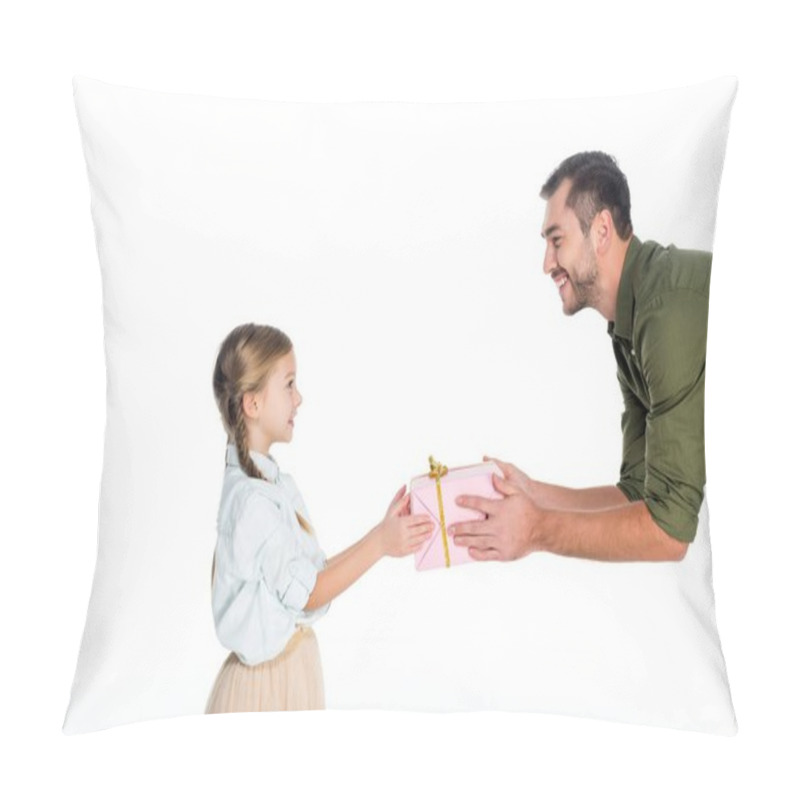 Personality  Side View Of Father Presenting Gift To Little Daughter Isolated On White, International Womens Day Concept Pillow Covers