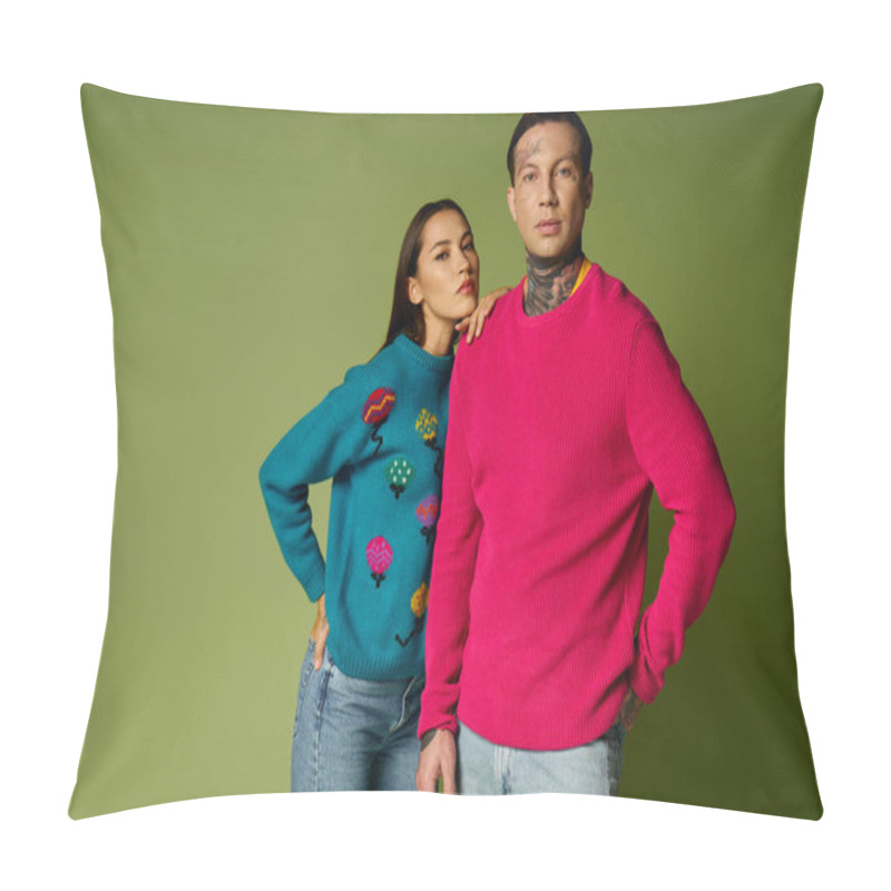 Personality  Attractive Young Individuals Showcase Unique Sweaters While Expressing Their Style And Charisma. Pillow Covers