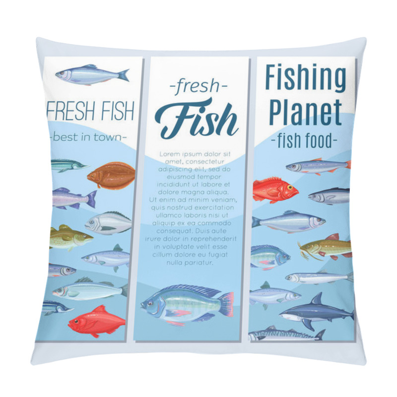 Personality  Set Vector Banners Fish. Seafood Design With Salmon, Anchovy, Codfish, Sea Bass, Ocean Perch And Sardine. Icon Mackerel, Herring, Dorado, Tuna, Halibut, Tilapia And Trout. Pillow Covers