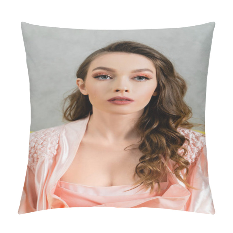 Personality  Portrait Of Beautiful Young Woman With Brunette Wavy Hair Looking At Camera, Headshot, Pink Robe, Housewife With Evening Makeup, Doll Concept, Feminine Youth  Pillow Covers