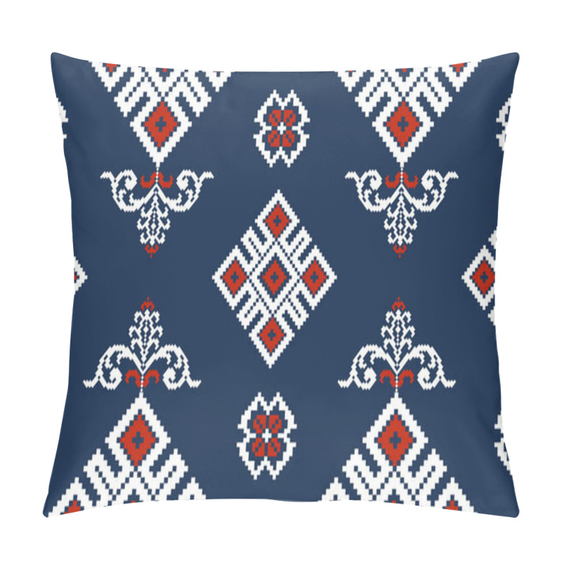 Personality  Beautiful Ukrainian Knitted Embroidery.geometric Ethnic Oriental Seamless Pattern Traditional On Blue Background.Aztec Style,abstract,vector,illustration.design For Texture,fabric,clothing,wrapping. Pillow Covers