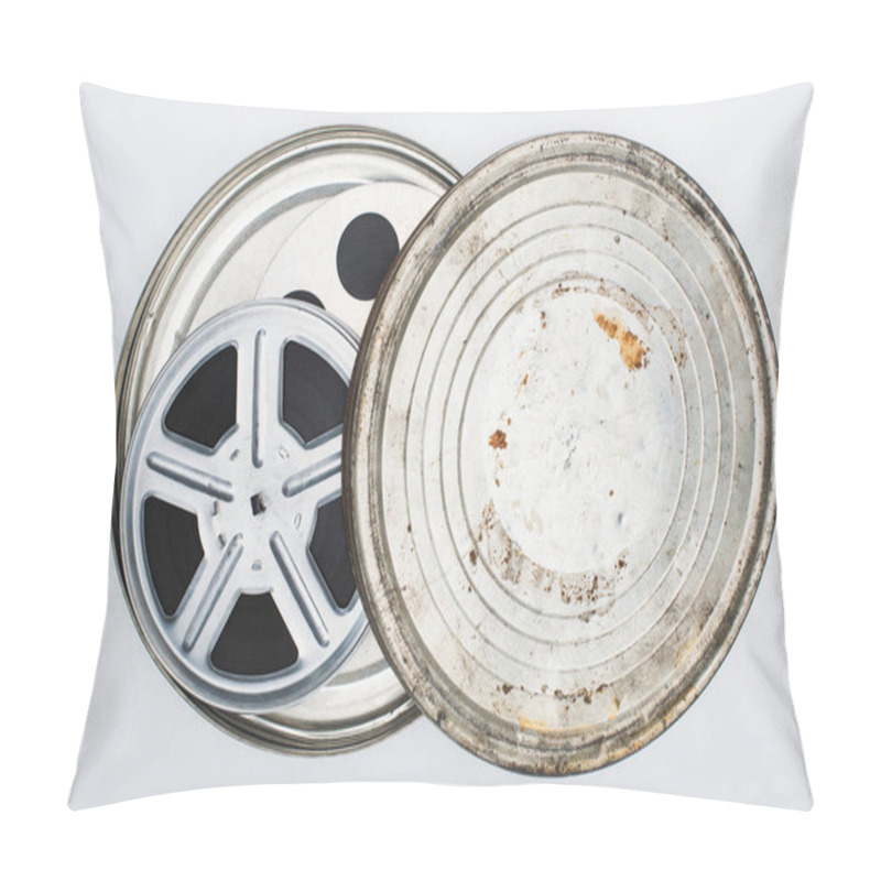 Personality  Top View Of Film Reels With Tape In Rusty Tin Case On White Background Pillow Covers