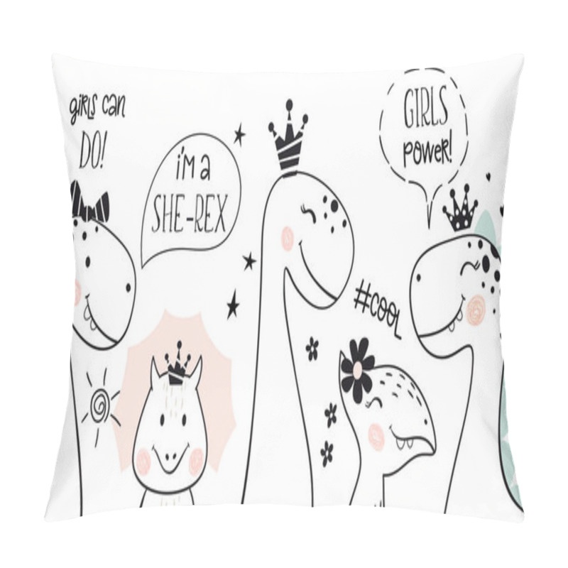 Personality  Dinosaur Baby Girl Cute Print. Girl Power Text And Can Do Slogan. Little Feminist Dino Poster. Cool Simple Scandinavian Child T-shirt Or Banner Design. Princess With Crown. She Rex. Pillow Covers