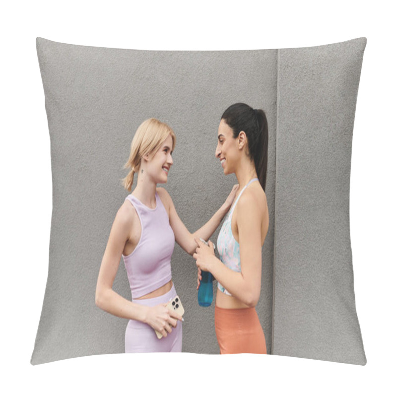 Personality  Two Young Women Share A Joyful Moment, Smiling And Engaging After A Workout Session Together. Pillow Covers