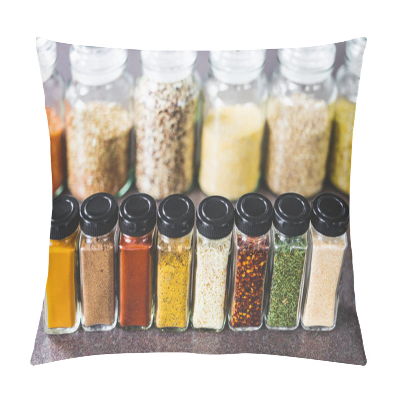 Personality  Spices And Grains In Matching Spice Jars On Kitchen Counter, Simple Vegan Ingredients And Concept Of Flavoring Your Dishes Pillow Covers