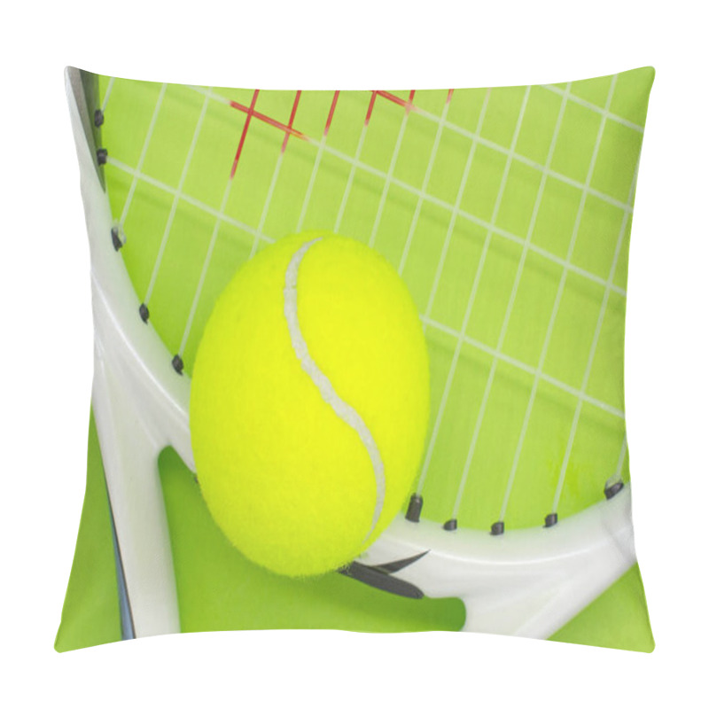 Personality  Tennis Ball With Racket On A Green Background. The Concept Of Sports. Pillow Covers