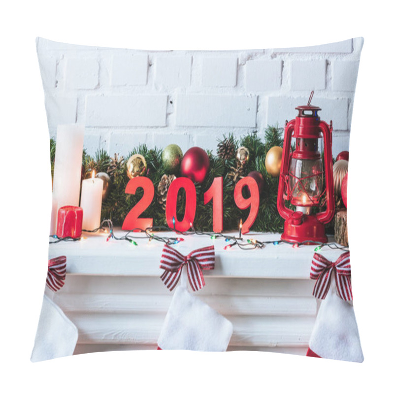 Personality  2019 Year Sign With Christmas Wreath, Candles And Socks  Pillow Covers