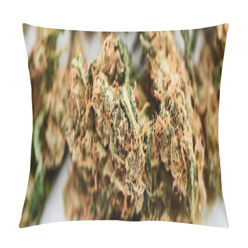 Personality  Close Up View Of Natural Marijuana Buds On White Background, Panoramic Shot Pillow Covers