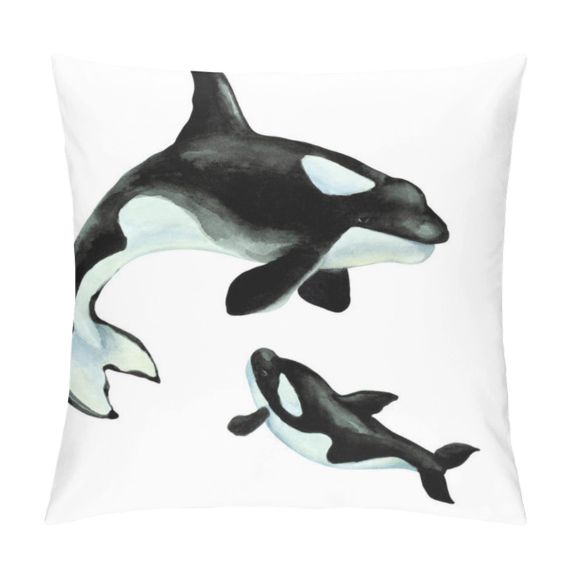 Personality  Big Orca Killer Whale With Cub On A White Background, Hand Drawn Watercolor Illustration. Pillow Covers