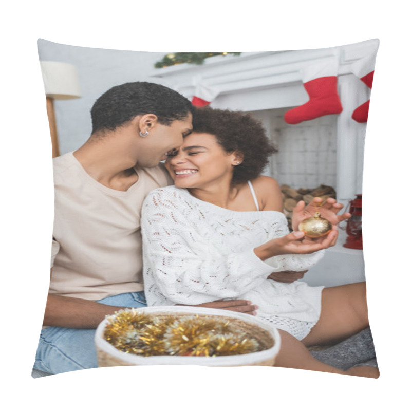 Personality  Excited African American Woman Holding Golden Christmas Ball Near Boyfriend With Tinsel In Wicker Basket Pillow Covers