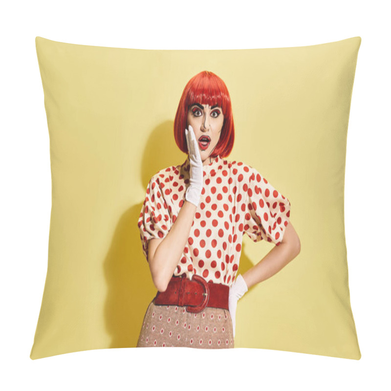 Personality  A Vibrant Redhead With Pop Art Makeup And A Polka Dot Blouse Against A Yellow Backdrop. Pillow Covers