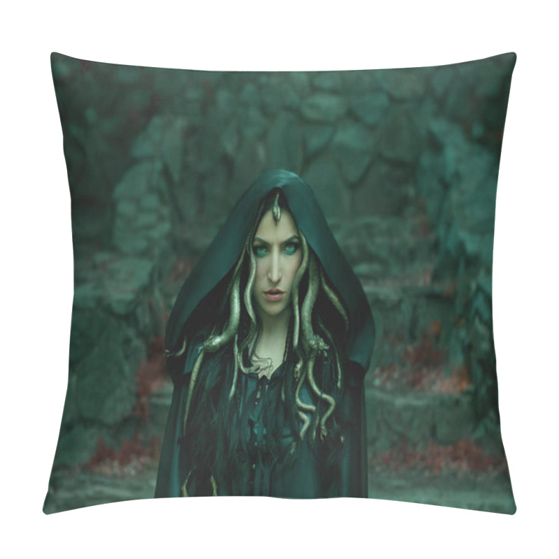 Personality  Image Of Gorgon Medusa, Braid Hair And Gold Snakes, Close-up Portrait. Gothic Make-up In Green Shades. Background Of Wild Stones. Long Black Claws And A Predatory Look Pillow Covers