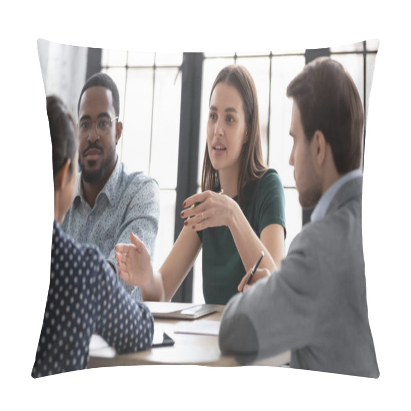 Personality  Multiethnic Employees Gathered Together Discuss Details Of New Project Pillow Covers