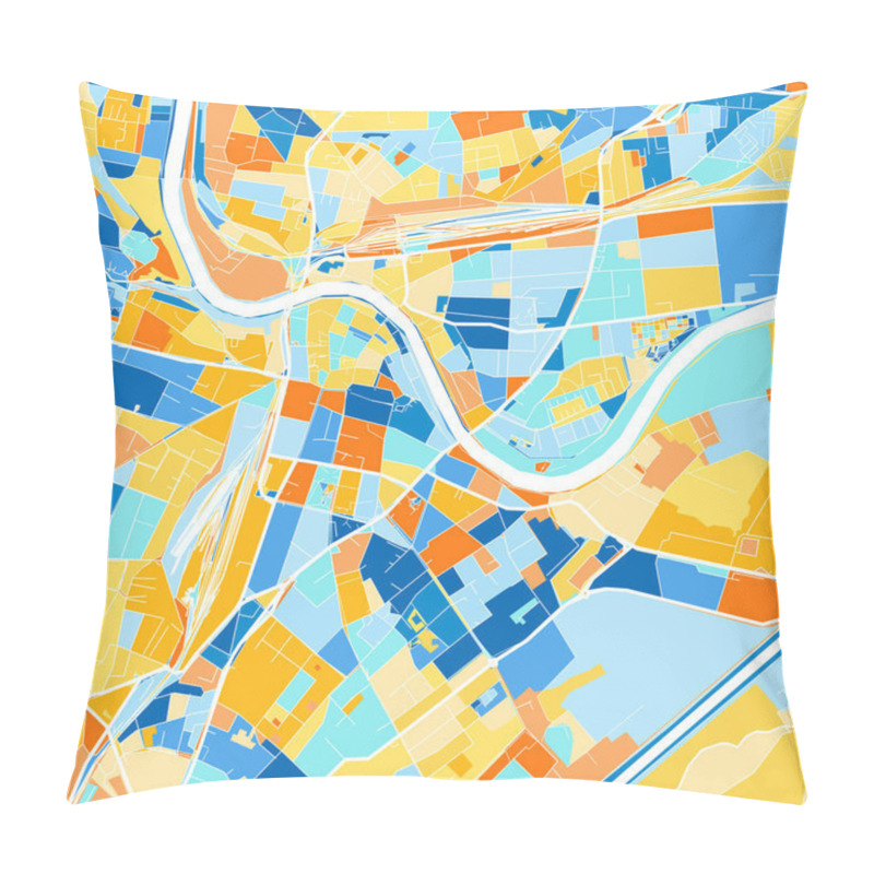 Personality  Color Art Map Of  Villach, Carinthia, Austria Iin Blues And Oranges. The Color Gradations In Villach   Map Follow A Random Pattern. Pillow Covers