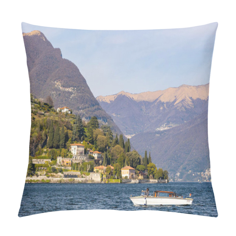 Personality  Lago Di Como, Lake Como, Italy, With Palacios, Grand Houses In Spring. Watertaxi, Riva, Typical Italian Boat. Blue Skies And Vibrant Colours. High Quality Photo Pillow Covers