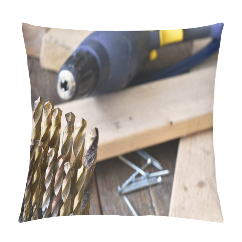 Personality  A Close Up Image Of Drill Bits And A Blue Drill On An Old Wooden Workbench.  Pillow Covers