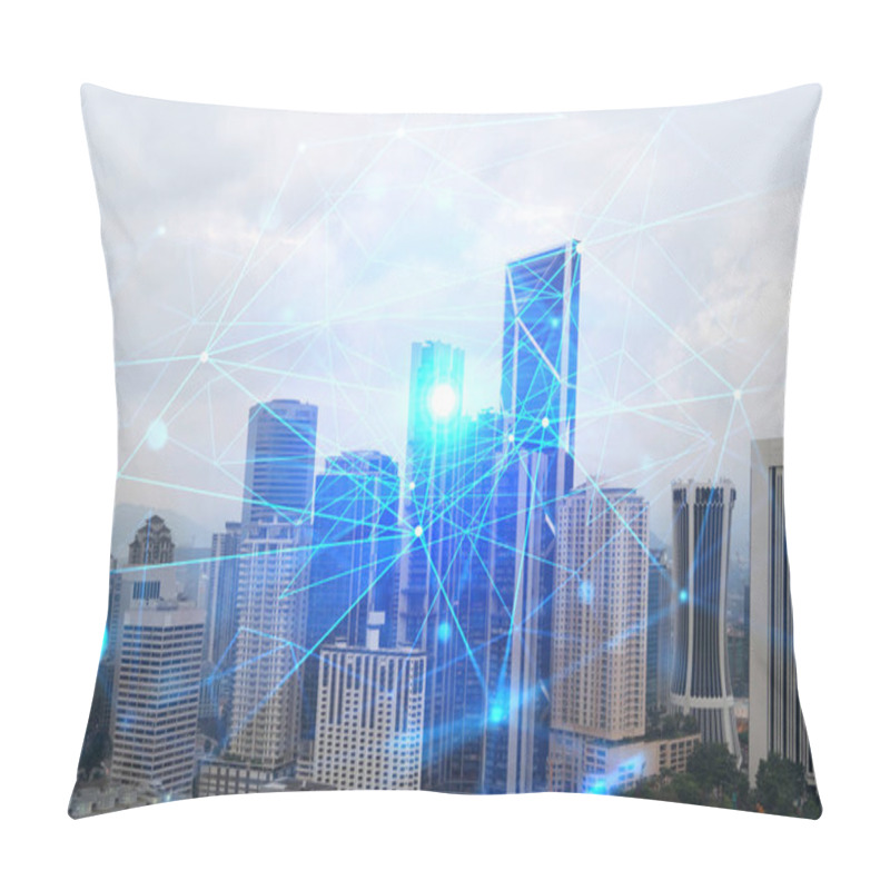 Personality  Abstract Technology Icons Hologram Over Panorama City View Of Kuala Lumpur, Malaysia, Asia. The Concept Of People Networking And Connections. Double Exposure. Pillow Covers