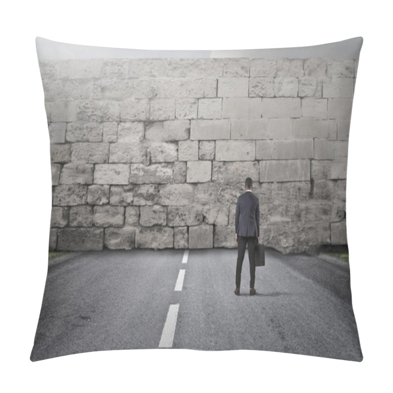 Personality  Businessman Facing A Huge Wall On Highway Pillow Covers