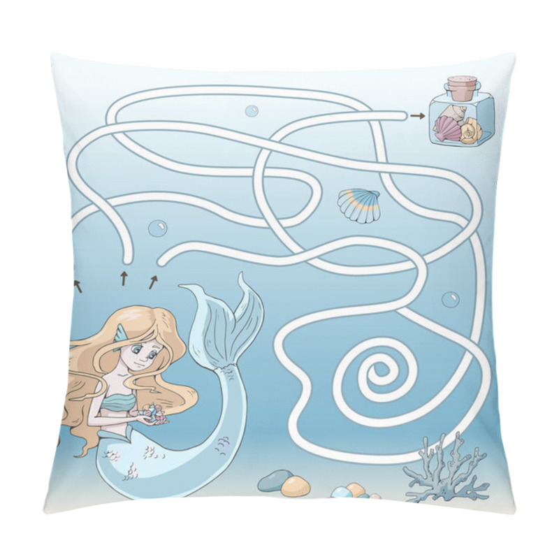 Personality  Labyrinth. Maze Game For Kids. Help  Cute Cartoon Mermaid Find Path To Glass Jar With Various Shells. Sea Theme. Vector Illustration. Light Blue And Yellow Pastel Colors. Pillow Covers