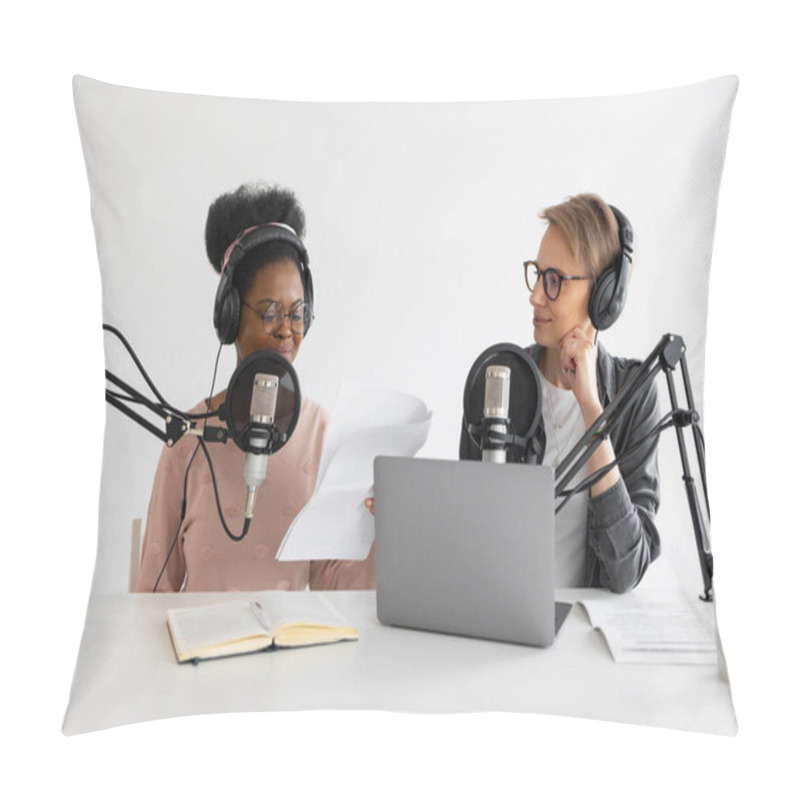 Personality  Podcasters, African American And European Woman With Headphones And Microphone Pillow Covers