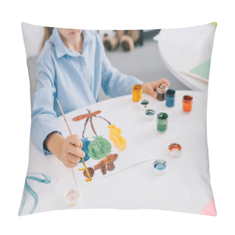 Personality  Partial View Of Child Drawing Picture With Paints And Paint Brush At Table Pillow Covers