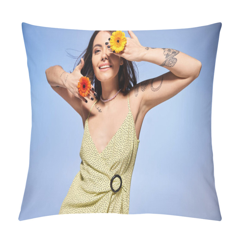 Personality  A Young Woman With Brunette Hair Elegantly Wears A Vibrant Flower In Her Hair, Adding A Touch Of Nature To Her Look. Pillow Covers