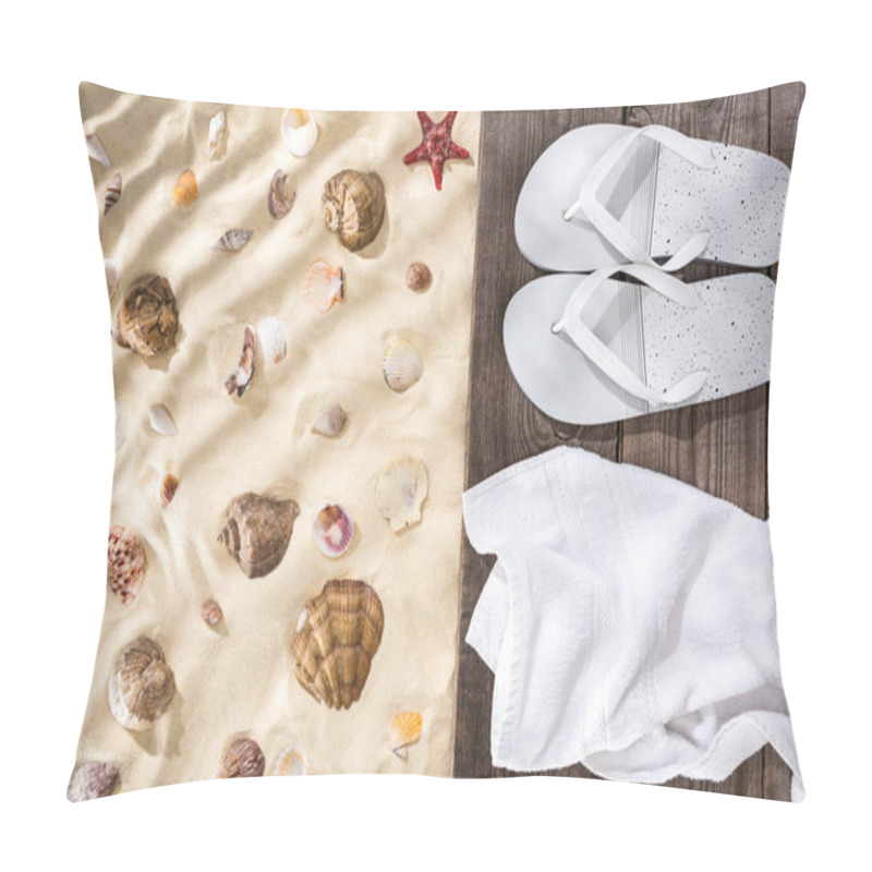 Personality  Top View Of Seashells And Starfish On Sand And Flip Flops And White Towel On Wooden Brown Board Pillow Covers