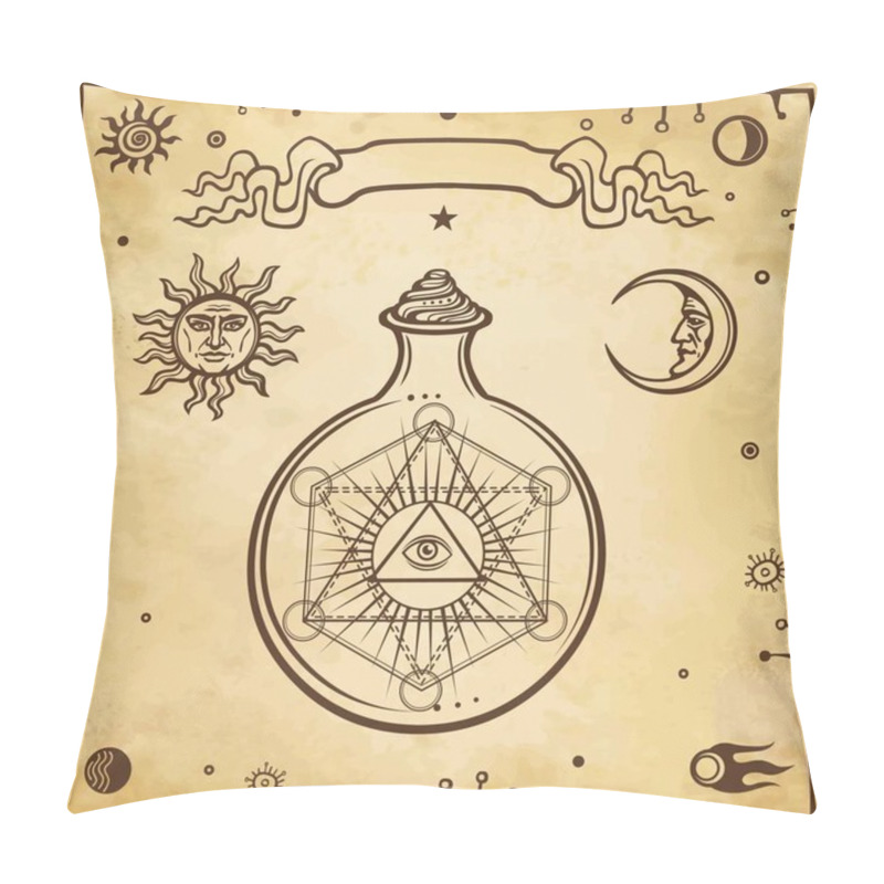 Personality  Set Of Alchemical Symbols. A Providence Eye In A Test Tube, Chemical Reaction. Sacred Geometry. Origin Of Life.    Background - Imitation Of Old Paper. Vector Illustration. Pillow Covers