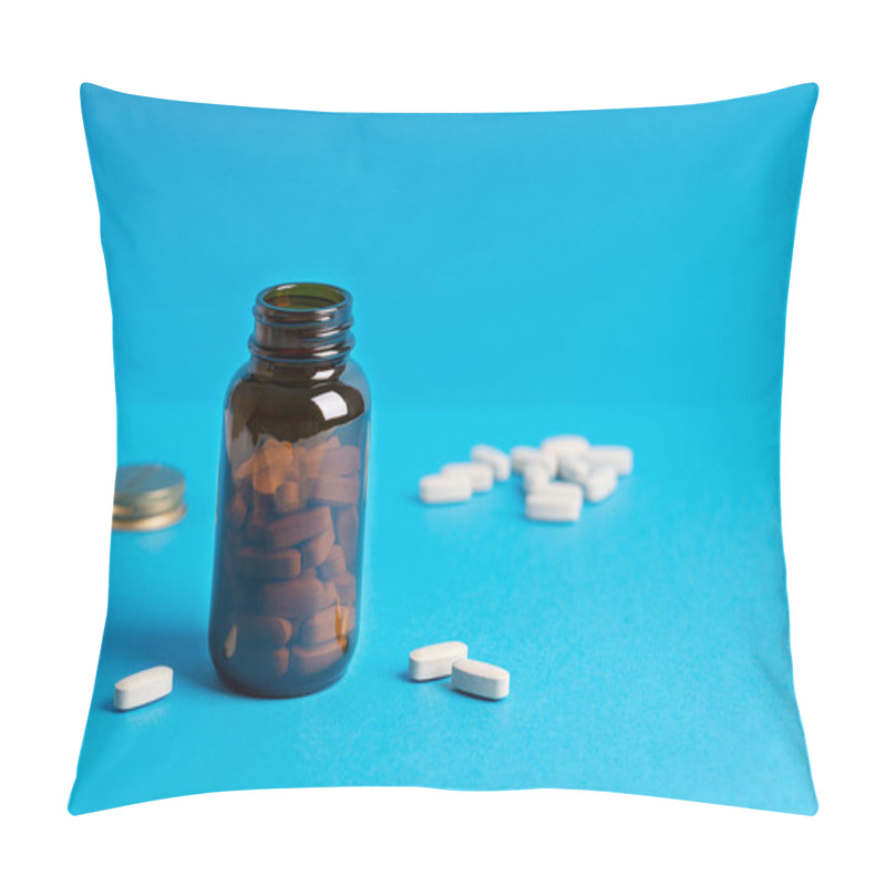 Personality  Tablets Or Pills Of Dietary Supplement Or Vitamins In Dark Brown Glass Bottle Container Against Blue Background Aimed To Prevent Disease. Image With Copy Space, Horizontal. Modern Color Concept Pillow Covers