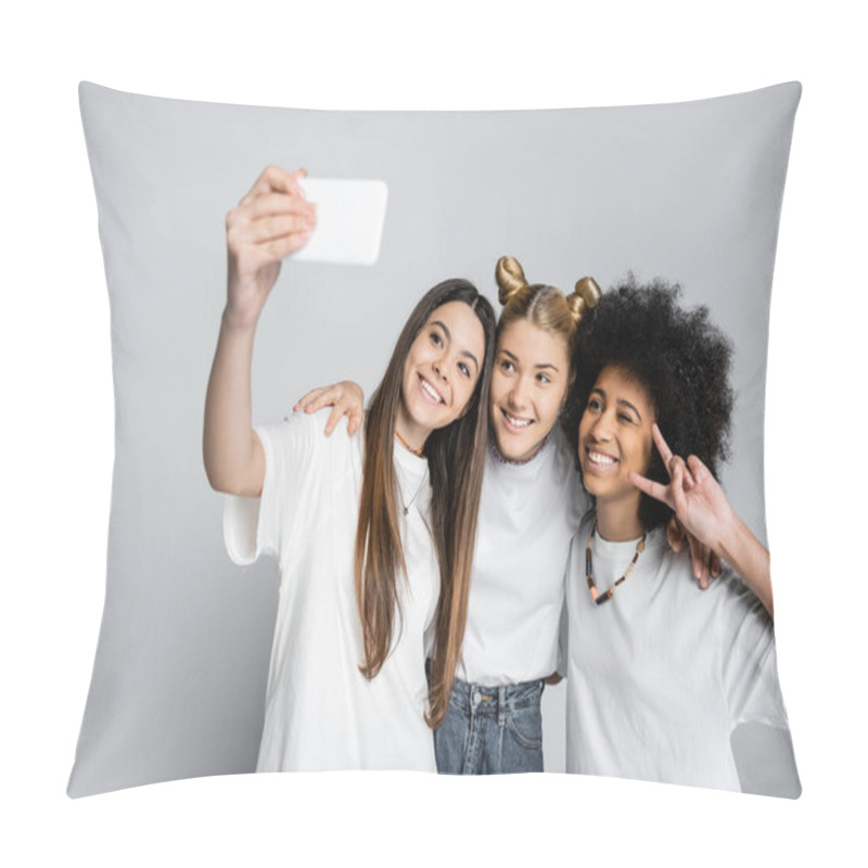 Personality  Smiling Teenage Girlfriends In White T-shirts Hugging And Gesturing While Taking Selfie On Smartphone On Grey Background, Teenagers Bonding Over Common Interest, Friendship And Companionship Pillow Covers