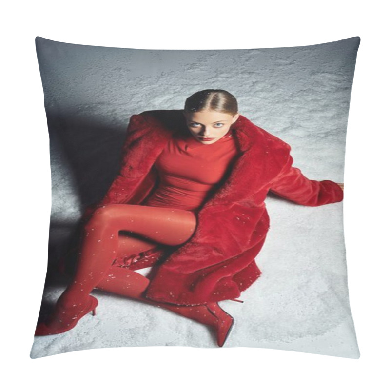 Personality  Radiating Confidence, A Young Woman Adorns A Chic Red Ensemble In A Snowy Nighttime Setting. Pillow Covers