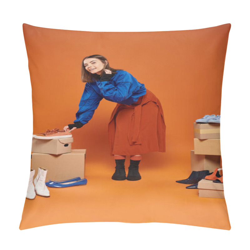 Personality  Cheerful Woman In Autumnal Clothes Standing Near Boxes With Different Shoes On Orange, Black Friday Pillow Covers