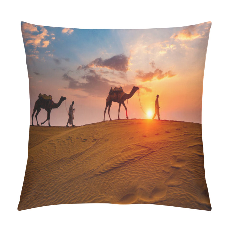 Personality  Indian Cameleers Camel Driver With Camel Silhouettes In Dunes On Sunset. Jaisalmer, Rajasthan, India Pillow Covers